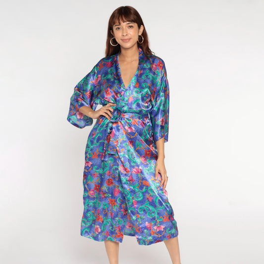90s Purple Floral Satin Midi Robe Wrap Front Tie Belt Large