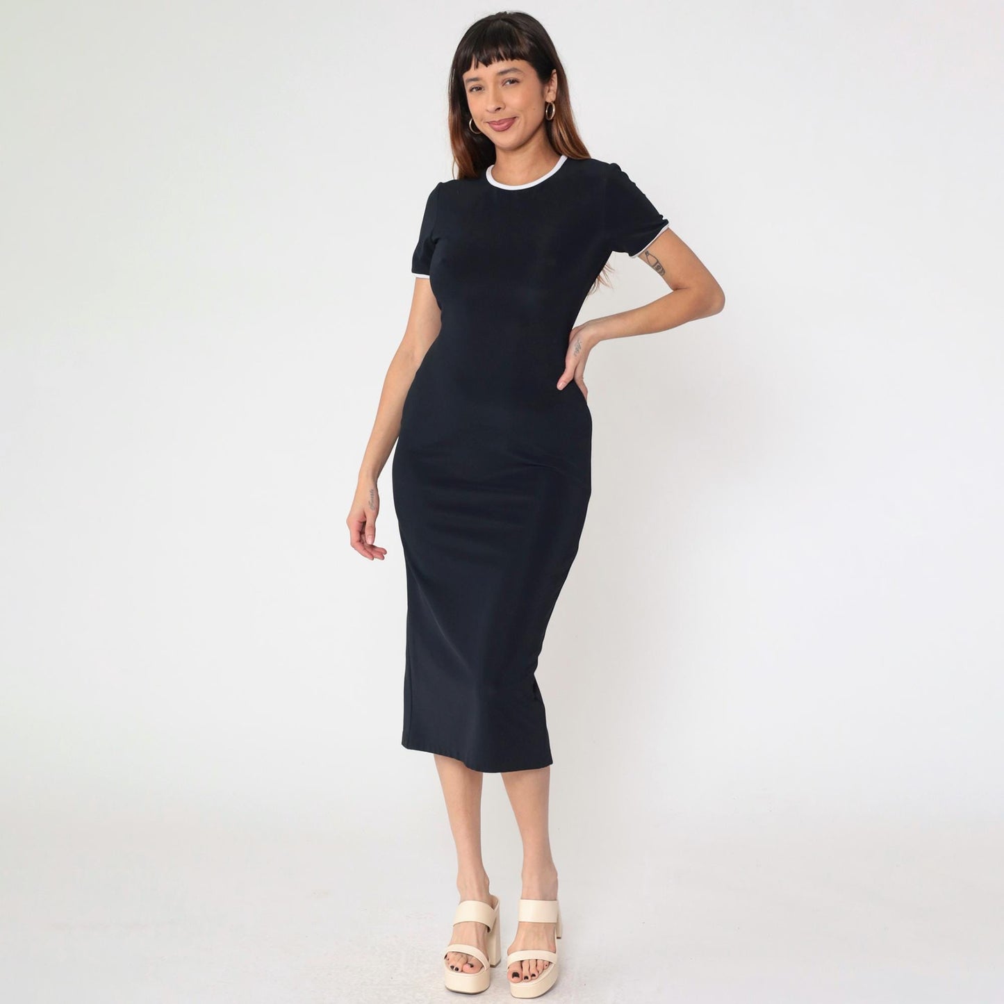90s Black Bodycon Midi Dress White Ringer Trim Short Sleeve Small