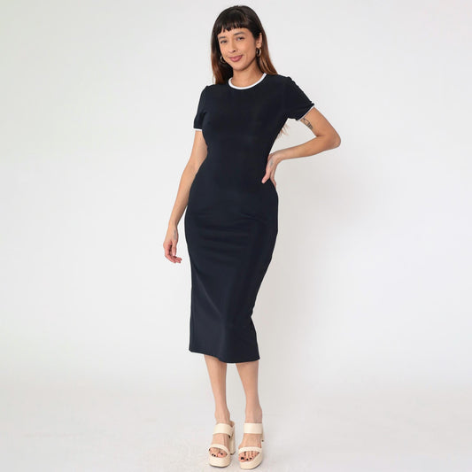 90s Black Bodycon Midi Dress White Ringer Trim Short Sleeve Small