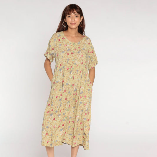 90s Sostanza Floral Button-Up Midi Dress Avocado Green High Waist Medium Large