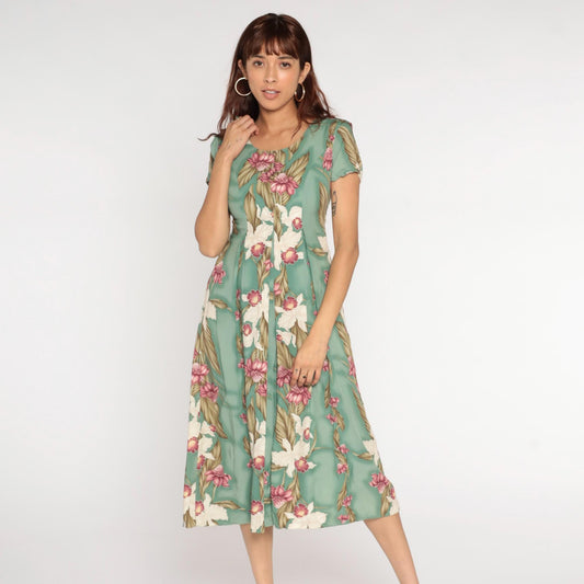 90s Iolani Hawaiian Tropical Floral Midi Dress Green Short Sleeve Petite