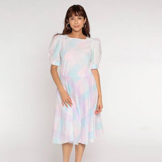 80s Pastel Checkered Puff Sleeve Midi Dress High Waist Pink Purple Blue Medium M