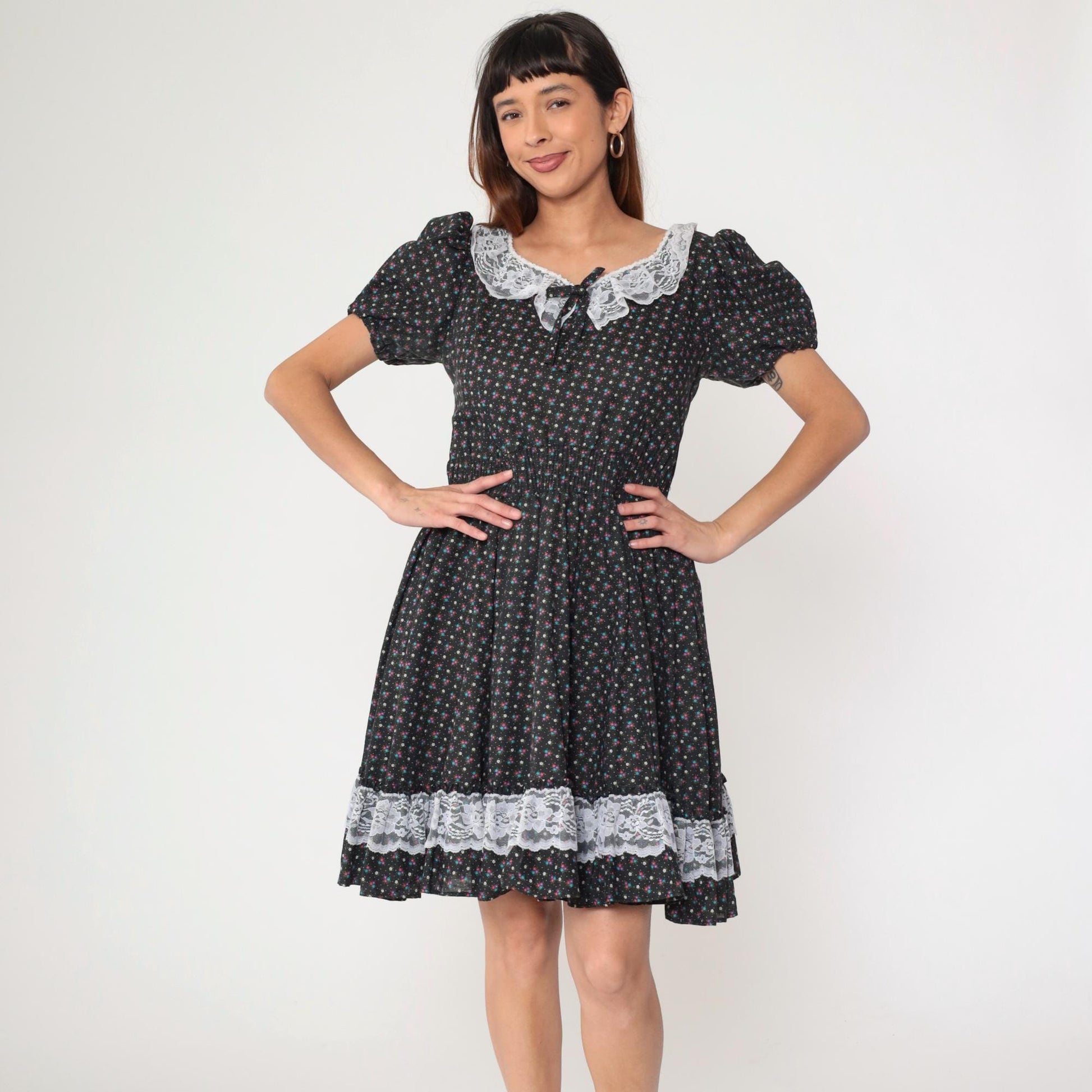 70s Black Calico Floral Prairie Dress Puff Sleeve High Waist Mini Small Medium