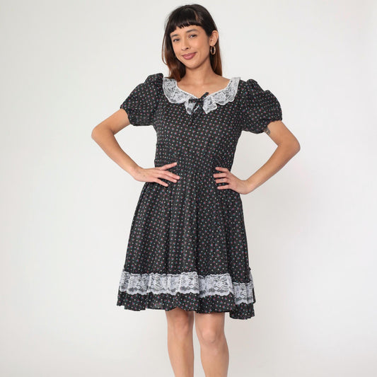 70s Black Calico Floral Prairie Dress Puff Sleeve High Waist Mini Small Medium