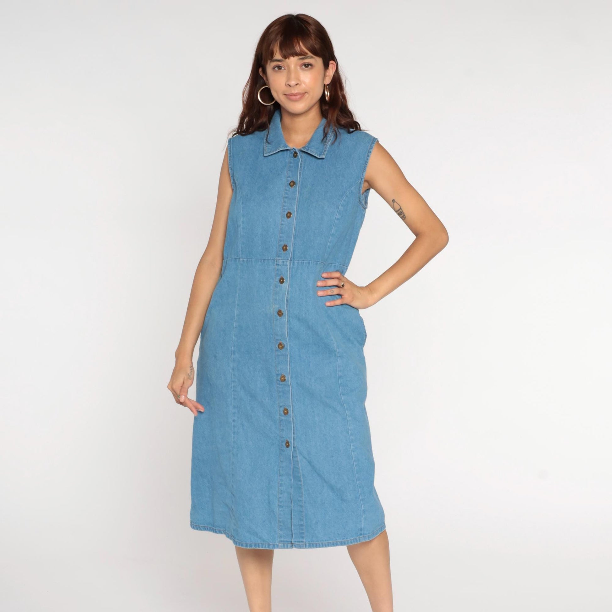 90s Blue Denim Midi Dress Sleeveless Button-Up High Waist Medium Large
