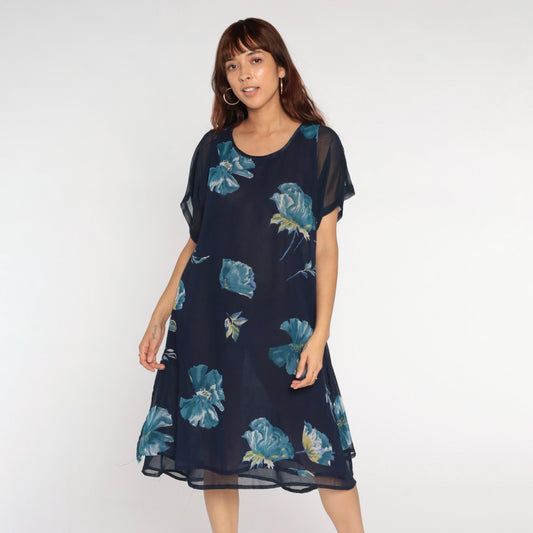 90s Navy Floral Chiffon Dress Short Sleeve Knee Length Large L