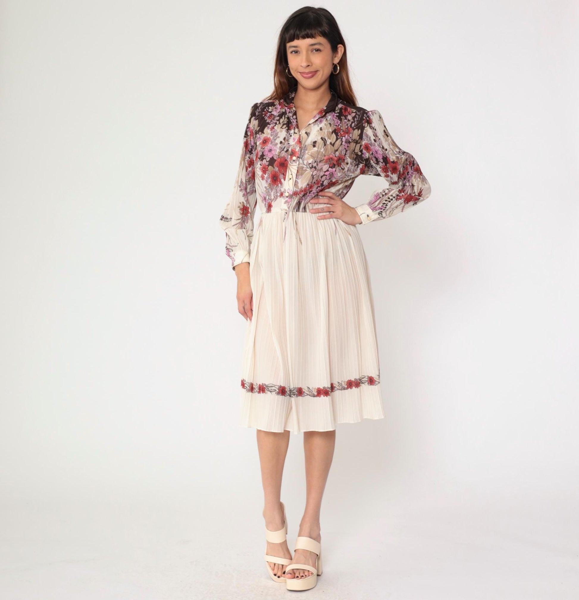 70s Off-White Floral Midi Shirtdress Knife Pleated High Waist Long Sleeve Small Medium
