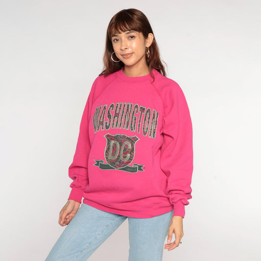 90s Washington DC Hot Pink Glittery Raglan Sweatshirt Crewneck Large