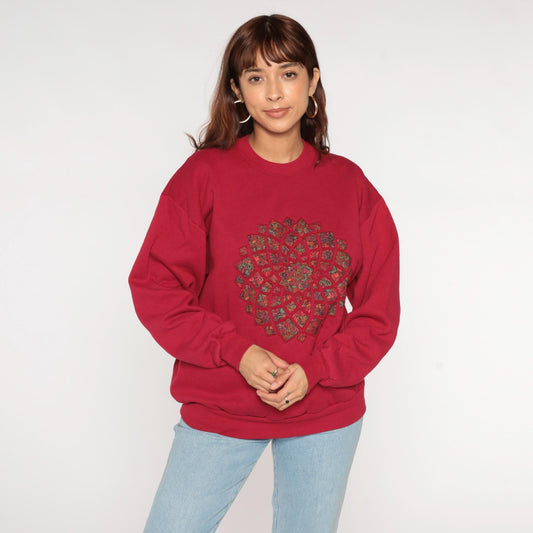 90s Jerzees Quilted Mandala Sweatshirt Deep Red Crewneck Large L