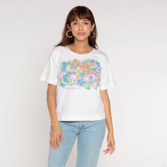 80s Swan Brand Texas Wildflowers White Graphic T-Shirt Cotton Tee Medium