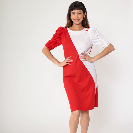 80s Color Block Red White Knee-Length Dress Puff Sleeve Sheath Small
