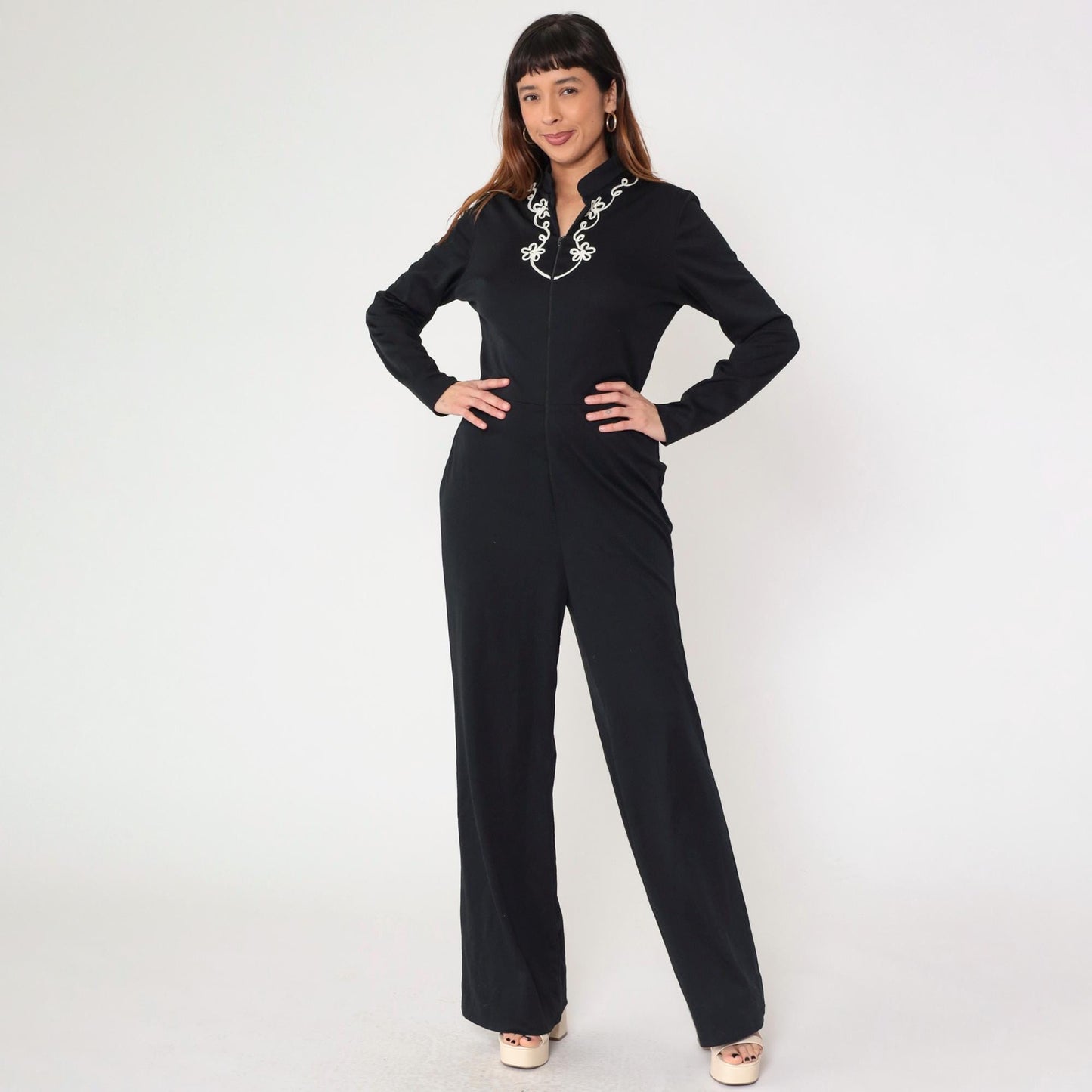 70s Black Jumpsuit White Floral Soutache Trim Straight Leg Long Sleeve Medium Large