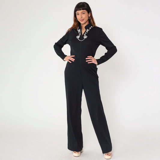 70s Black Jumpsuit White Floral Soutache Trim Straight Leg Long Sleeve Medium Large