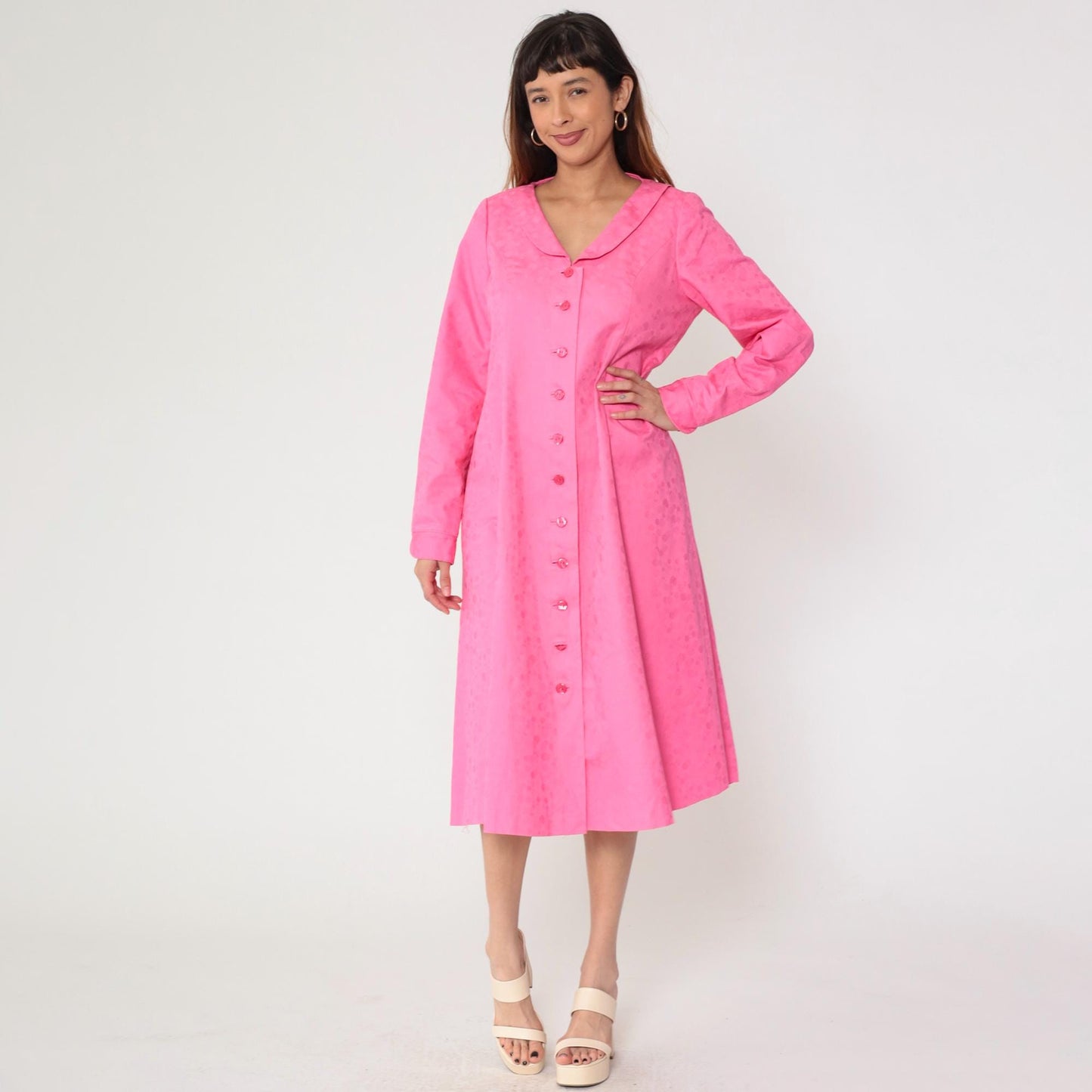 90s Fuchsia Jacquard Polka Dot Button-Up Midi Dress Long Sleeve Medium