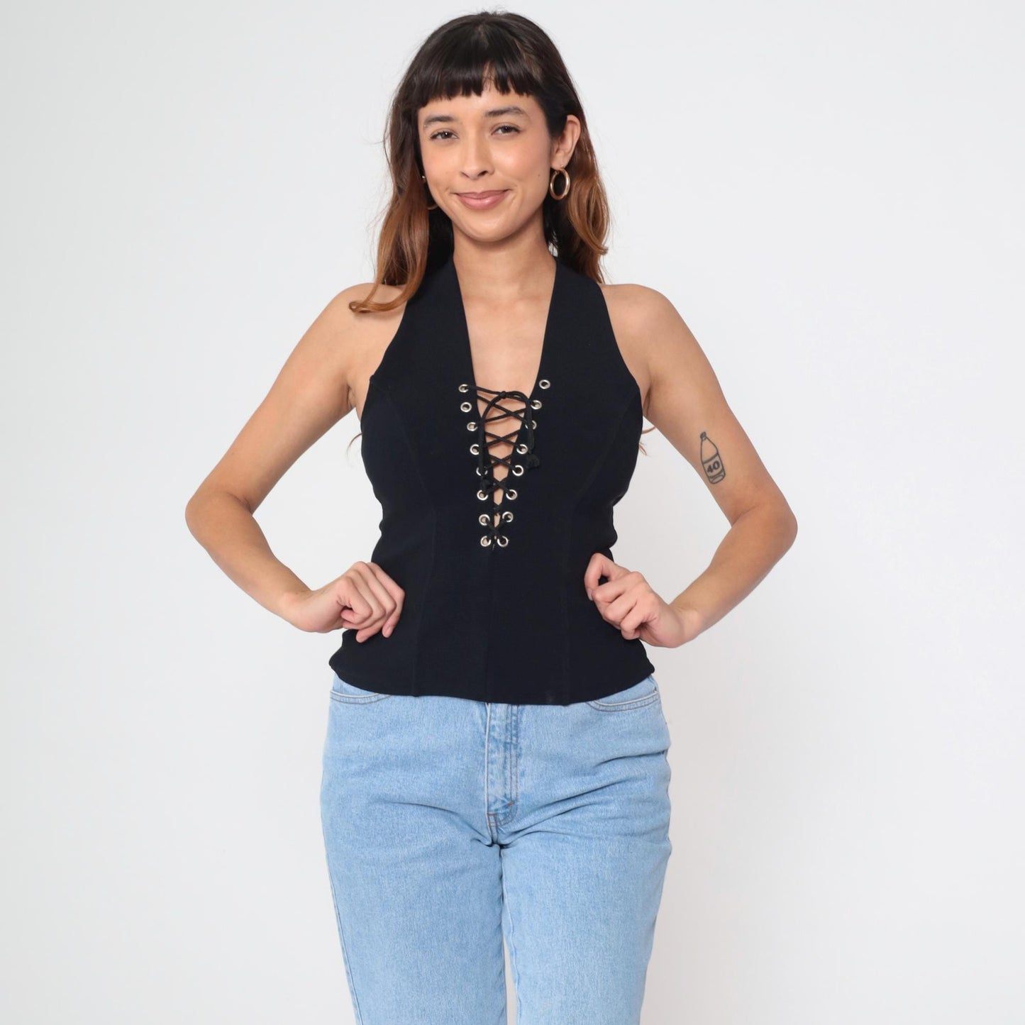 Y2K Black Lace-Up Corset Tank Top Racerback Sleeveless Small S