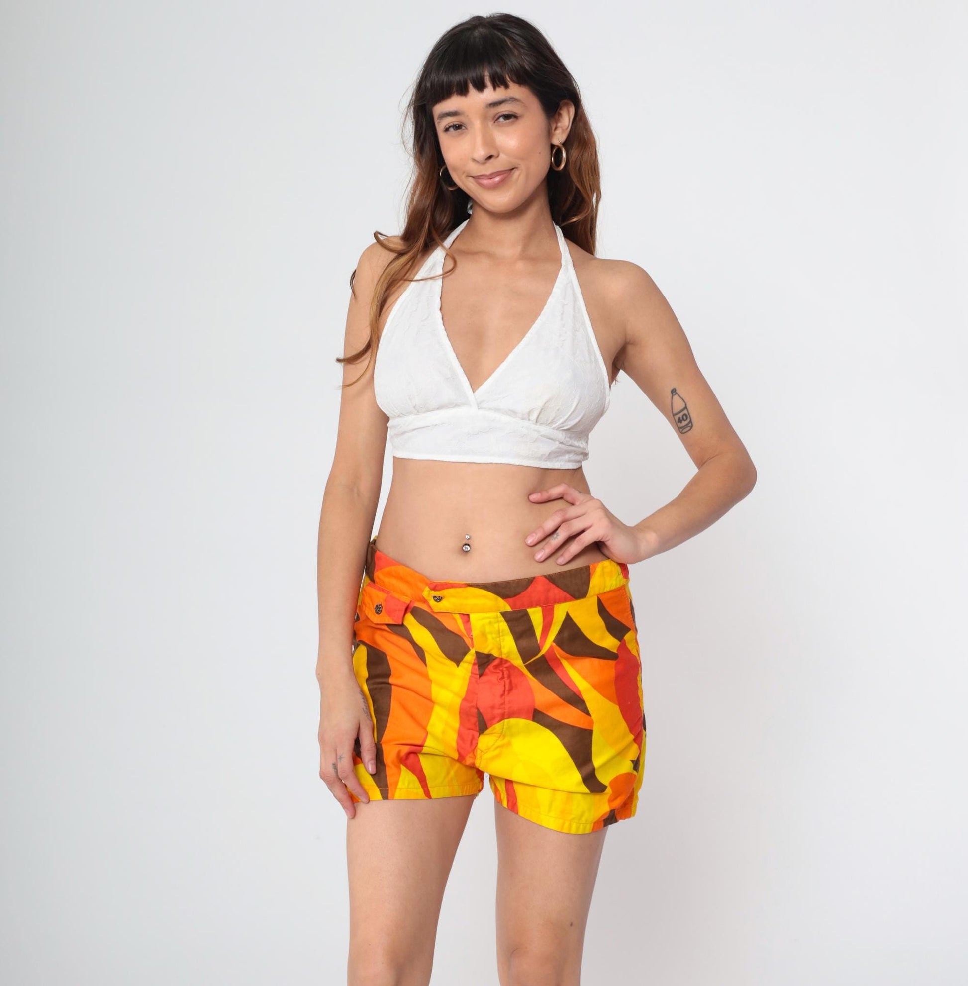 70s Kamehameha Hawaii Board Shorts Abstract Print Orange Yellow Medium