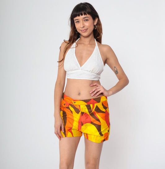 70s Kamehameha Hawaii Board Shorts Abstract Print Orange Yellow Medium