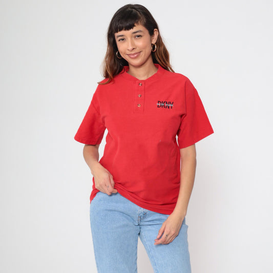 90s DKNY Henley Shirt Red Cotton Short Sleeve Button Up Medium M