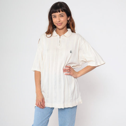 90s Nautica Quarter Zip Sailboat Shirt Off-White Ribbed Cotton Medium M