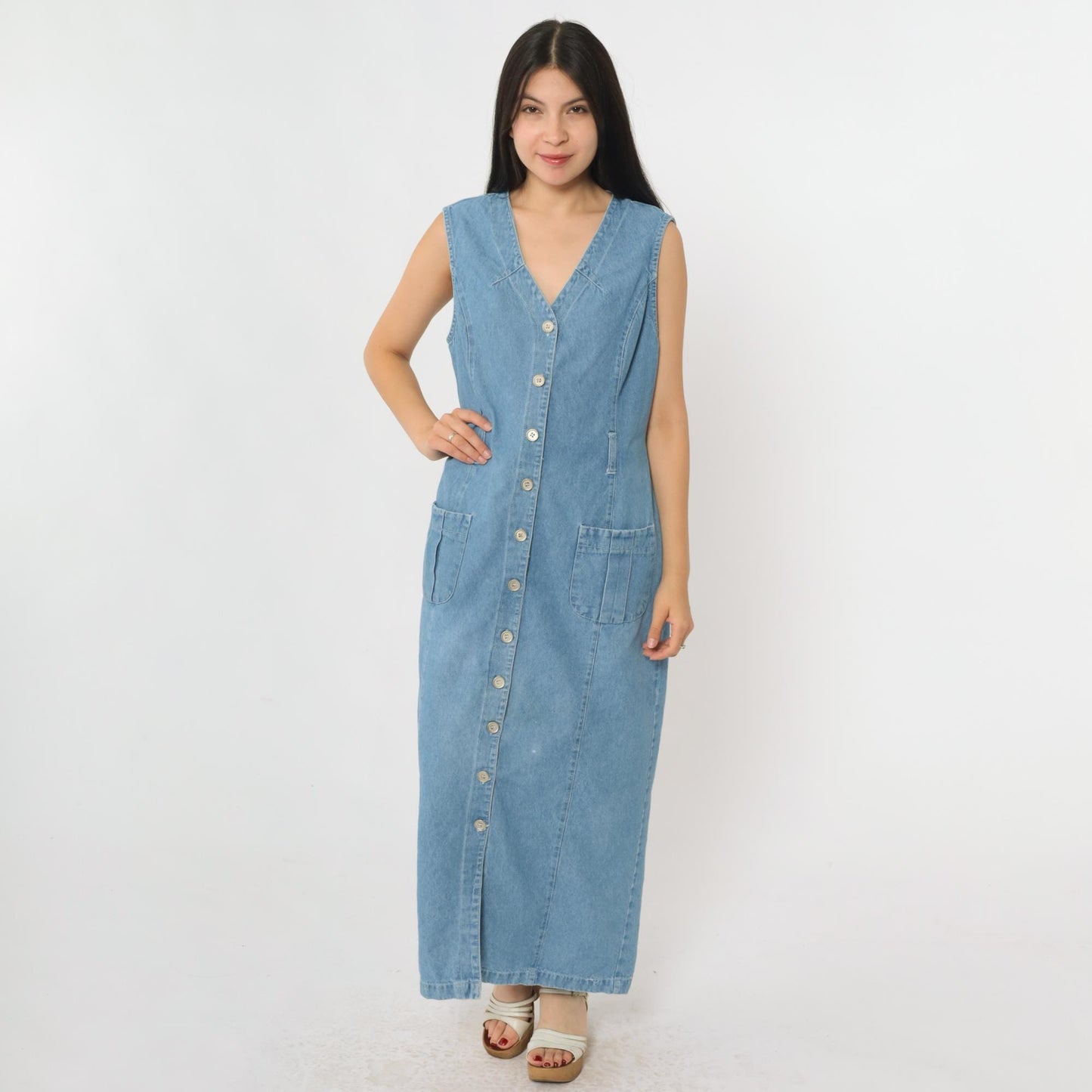 90s Studio Ease Blue Denim Jumper Dress Sleeveless V Neck Maxi Medium M