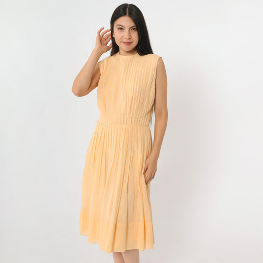 60s Peach Pleated Fit and Flare Midi Dress Sleeveless High Waist Small S