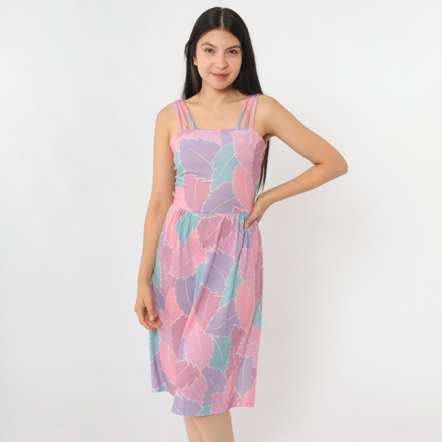 80s Pastel Leaf Print Midi Sundress Purple Pink High Waist Spaghetti Strap Extra Small