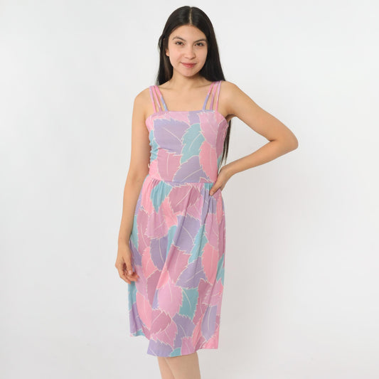 80s Pastel Leaf Print Midi Sundress Purple Pink High Waist Spaghetti Strap Extra Small