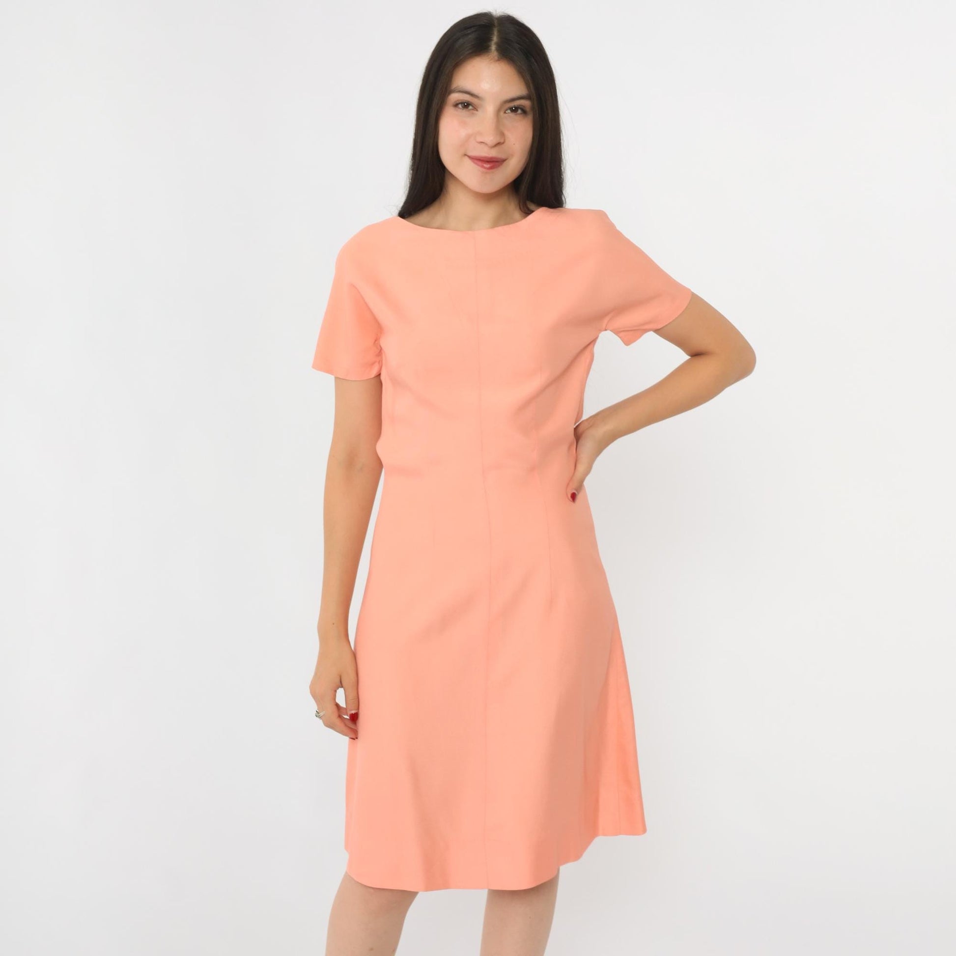 60s Peach Pink Sheath Dress Knee Length Short Sleeve Cocktail Small S