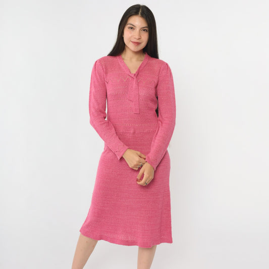 80s Pink Pointelle Knit Midi Dress Tie Neck Puff Sleeve Medium
