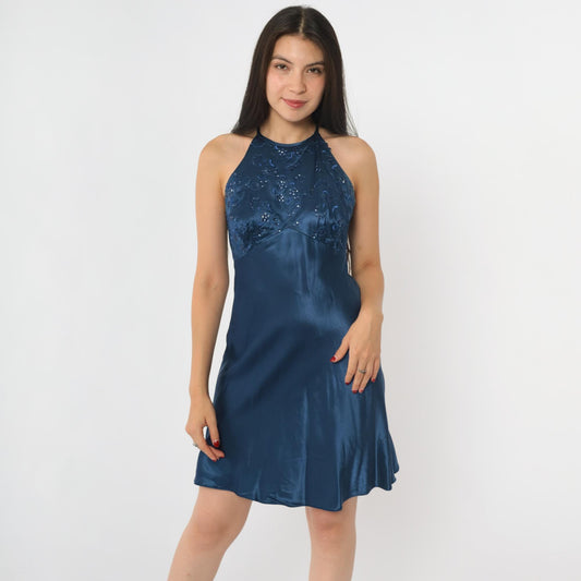 90s Zum Zum Midnight Blue Sequin Floral Halter Mini Dress Small