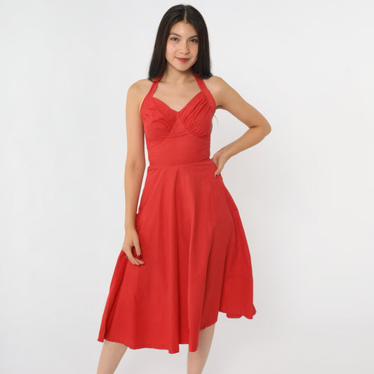 1950s Red Halter Sweetheart Midi Dress Full Skirt XXS