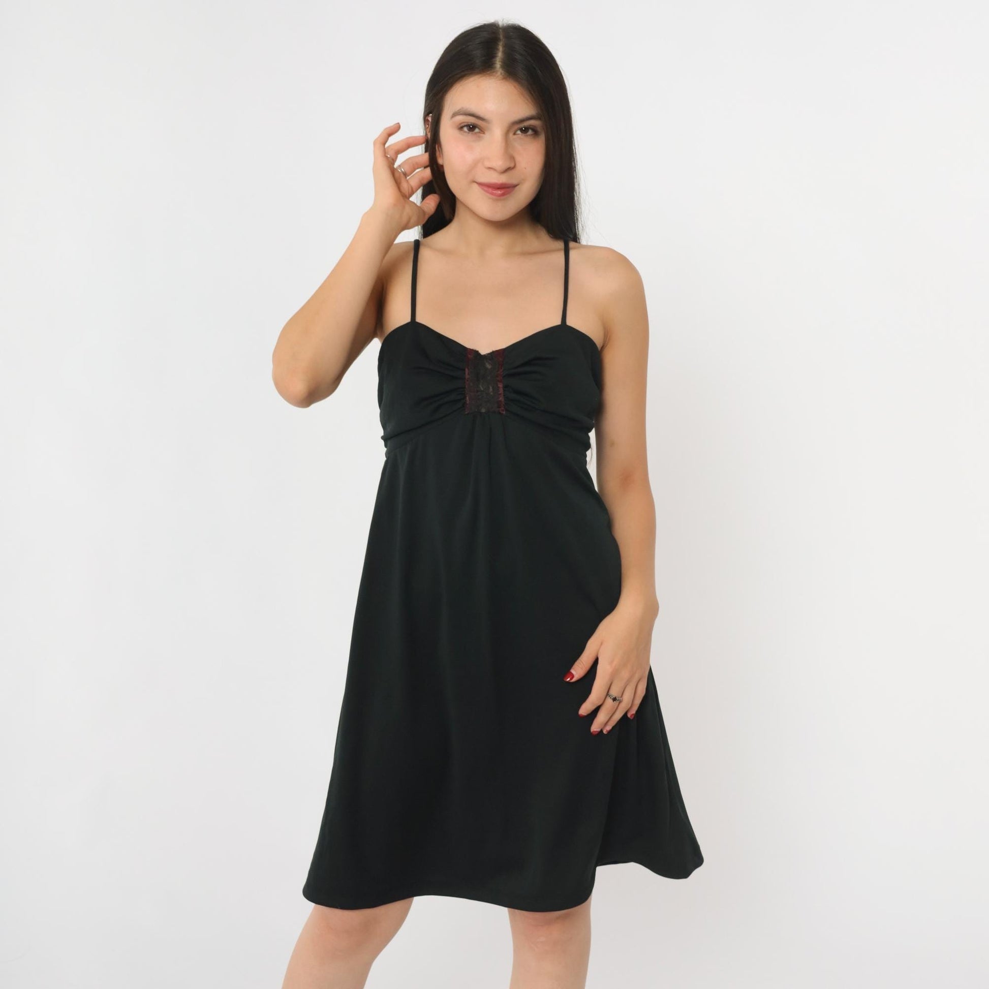 70s Black Mini Dress Empire Waist Lace Trim Spaghetti Strap Medium