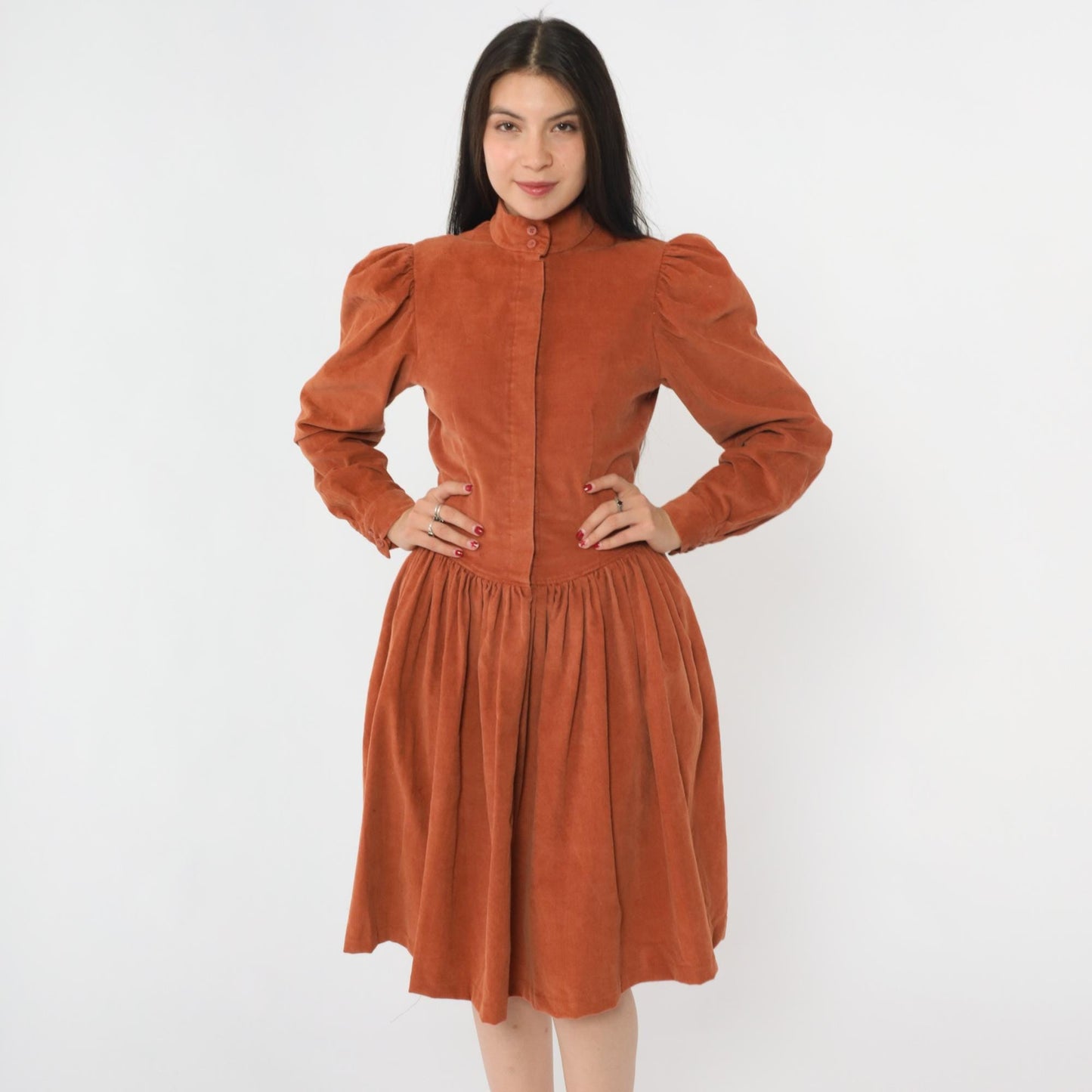 80s Rust Corduroy Midi Dress High Neck Puff Sleeve Fitted Waist Small