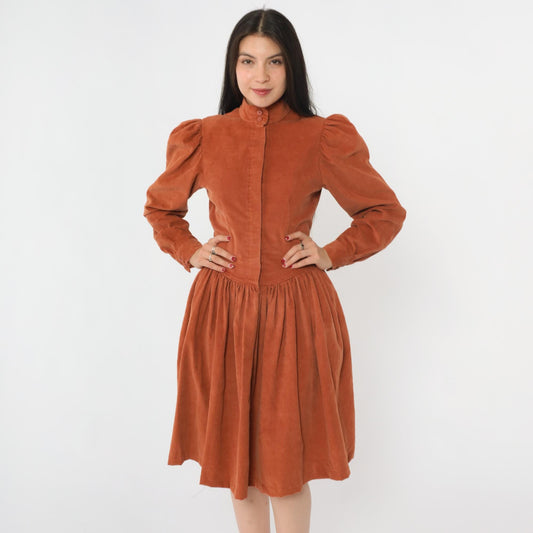 80s Rust Corduroy Midi Dress High Neck Puff Sleeve Fitted Waist Small