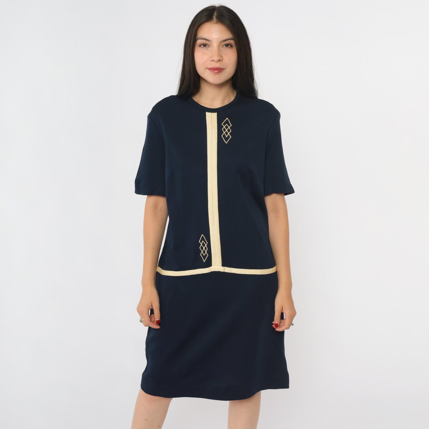 1960s Mod Scooter Dress Navy Geometric Drop Waist Shift Knee-Length Medium M