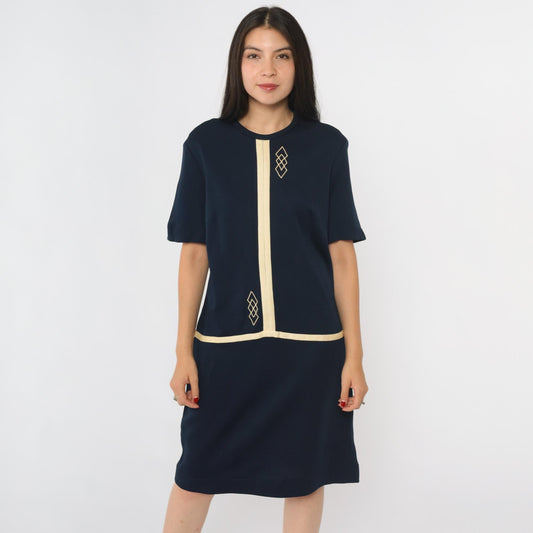 1960s Mod Scooter Dress Navy Geometric Drop Waist Shift Knee-Length Medium M