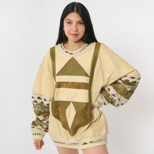 80s Patchwork Leather Sweater Cream Geometric Crewneck Large L