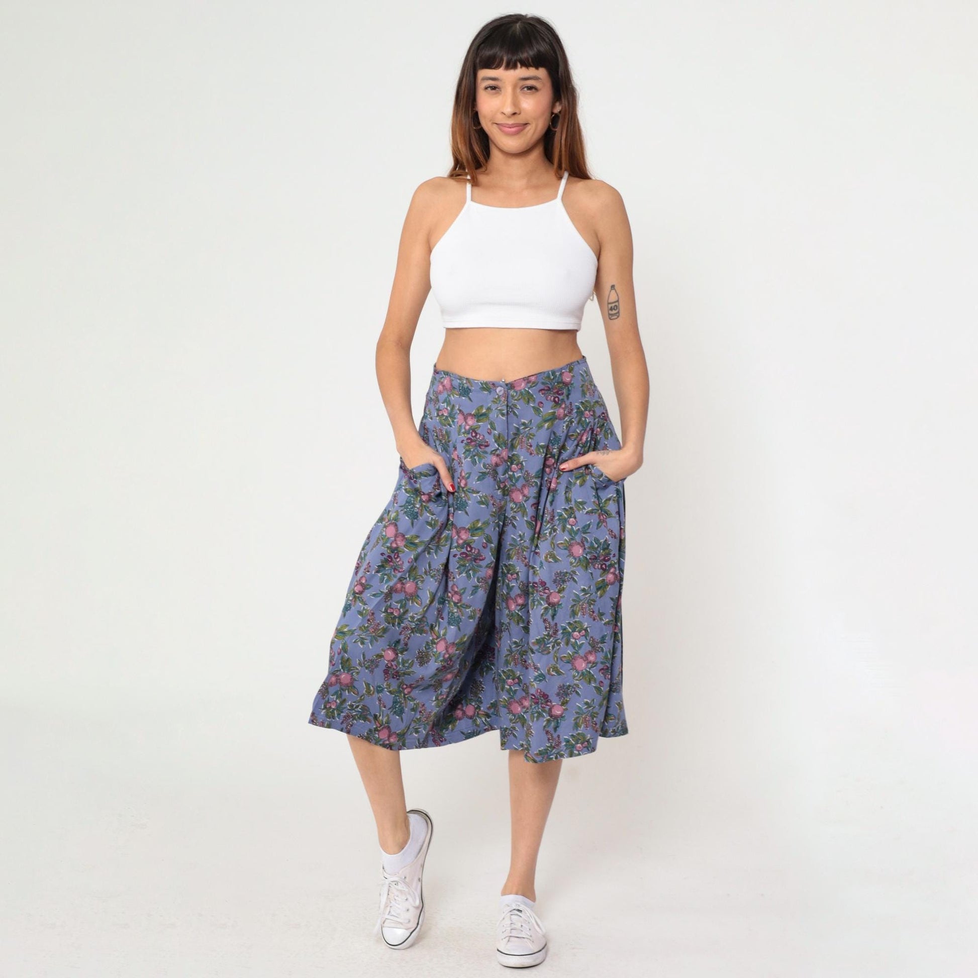 90s Cambridge Dry Goods Culotte Pants Purple Fruit Print High Waist Pleated Medium