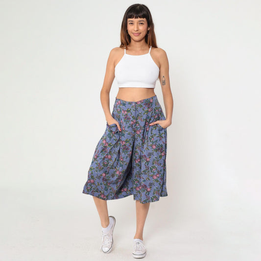 90s Cambridge Dry Goods Culotte Pants Purple Fruit Print High Waist Pleated Medium