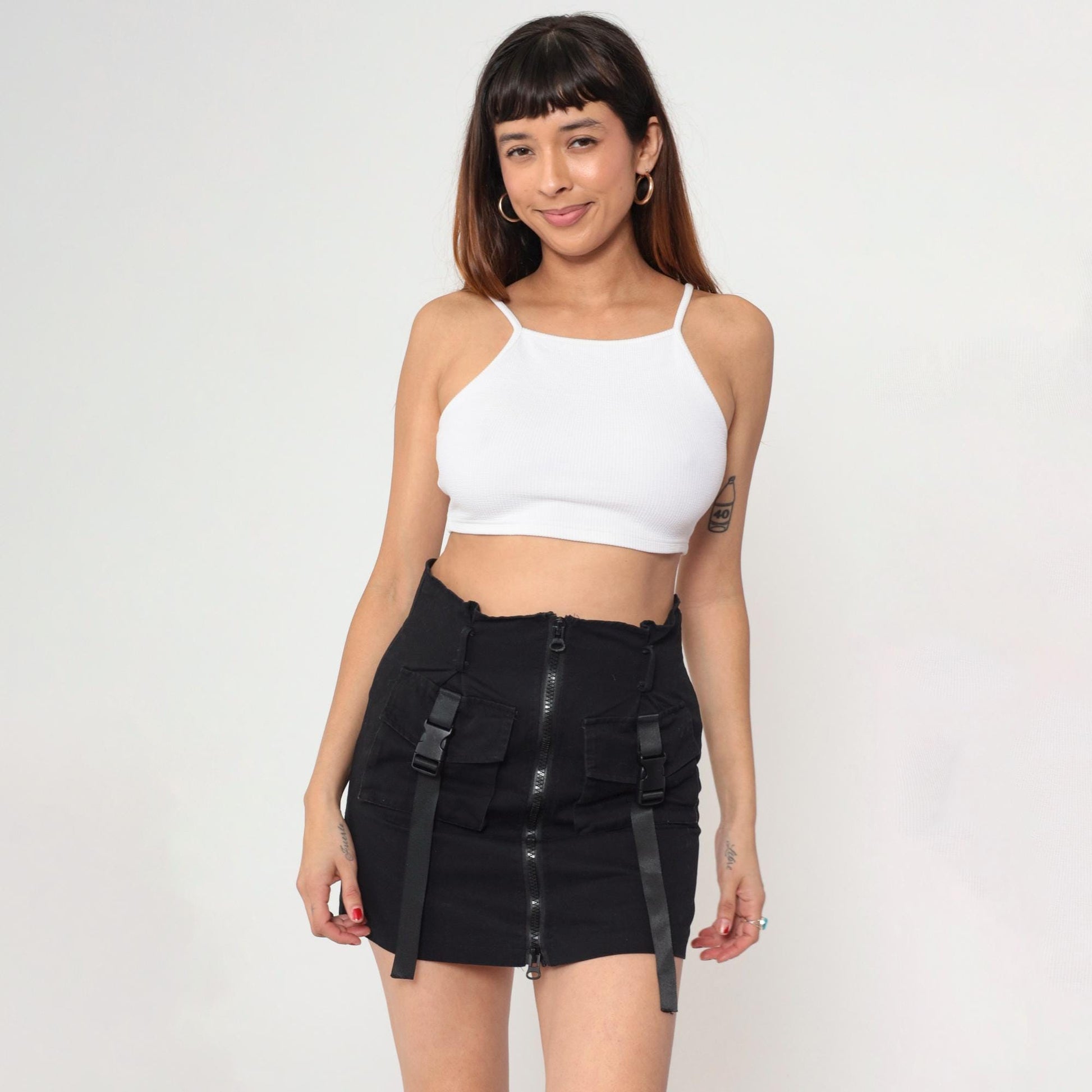 Y2K Black Utility Mini Skirt Bodycon Buckle Straps Small S