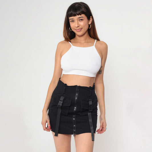 Y2K Black Utility Mini Skirt Bodycon Buckle Straps Small S