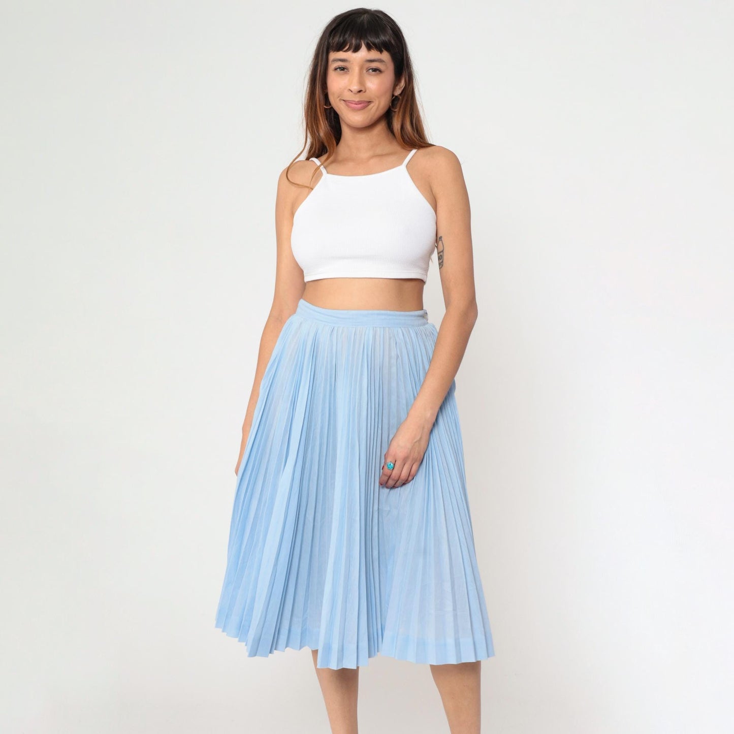 60s Light Blue Pleated High-Waist Midi Skirt Semi-Sheer Medium 8