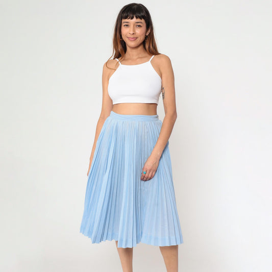 60s Light Blue Pleated High-Waist Midi Skirt Semi-Sheer Medium 8