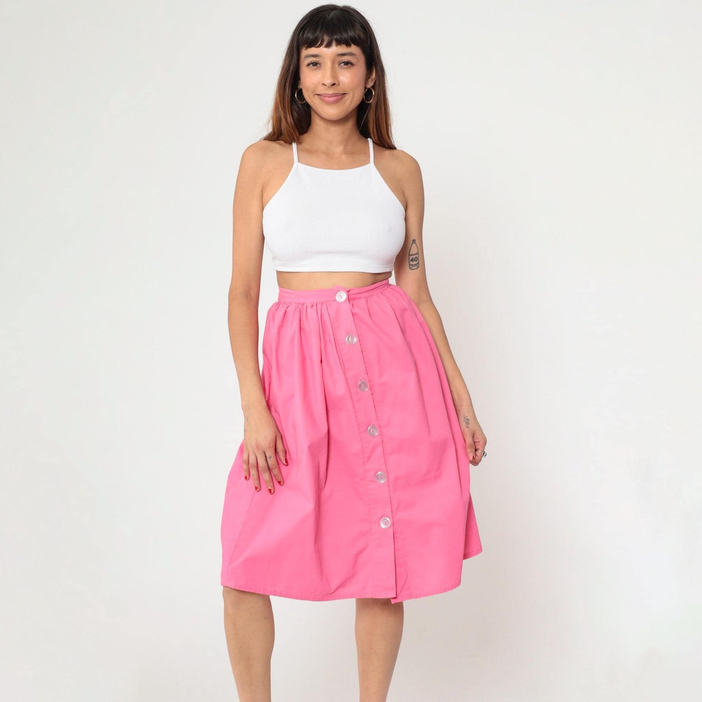 80s Bright Pink Button-Up Midi Skirt High Waist Gathered Small