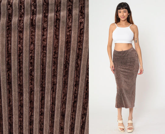90s Brown Striped Velvet Midi Skirt High Waist Bodycon Pencil Medium