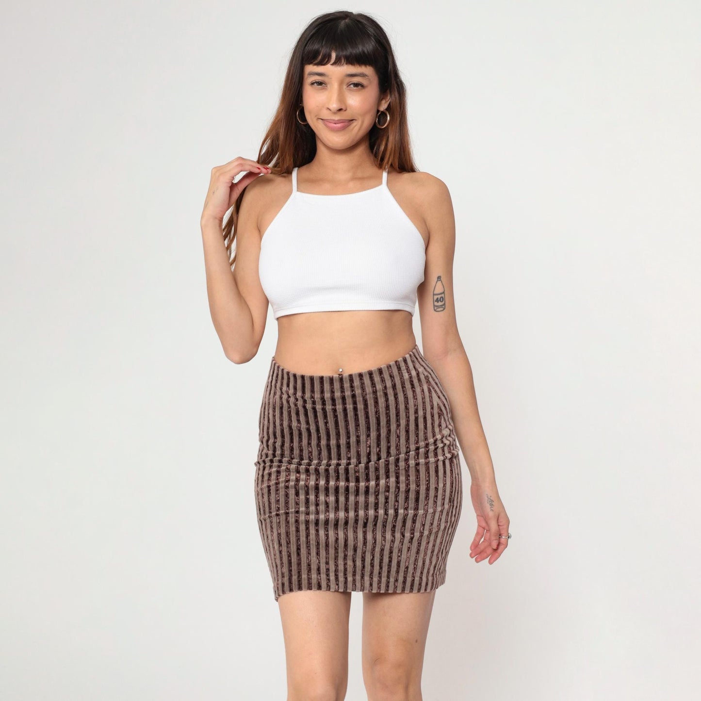 90s Brown Striped Velour Mini Skirt High Waist Bodycon Small