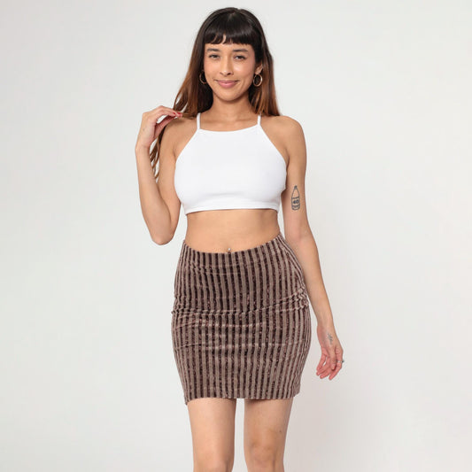 90s Brown Striped Velour Mini Skirt High Waist Bodycon Small