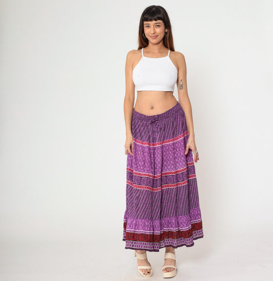 90s Purple Geometric Broomstick Maxi Skirt High Waist Drawstring Plus Size XXL
