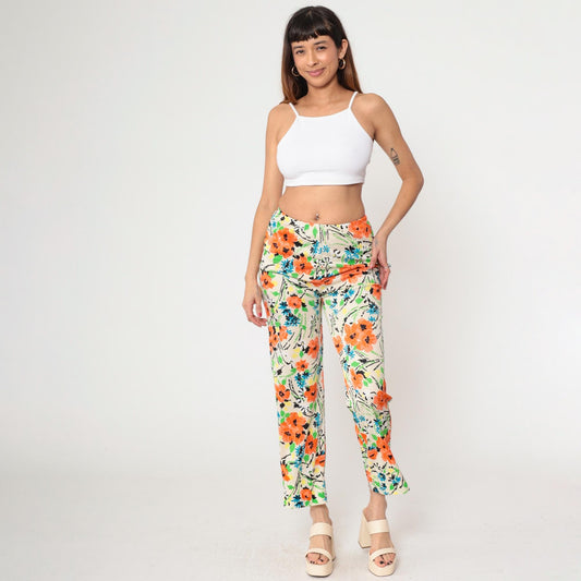 70s Floral Straight Leg Pants Cream Orange High Waist Elastic Pull On XS
