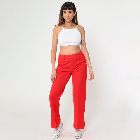 70s Red Flared High-Waist Trousers Cuffed Creased Vintage Pants Medium M
